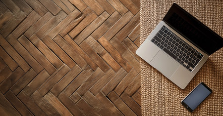 Laptop computer and smartphone on wooden background. Top view with copy spaceの素材