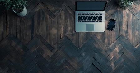 Laptop computer and smartphone on wooden desk. Top view with copy spaceの素材