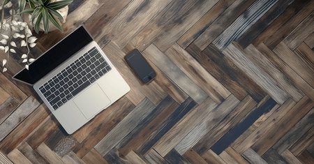 A laptop and mobile phone sitting on a wooden floor. Top view above the phone computer notebookの素材