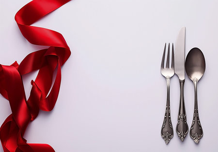 Festive table setting with cutlery and red ribbon on white backgroundの素材