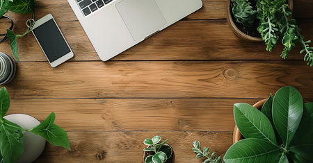 Flat lay of workspace with laptop, smartphone and plant on wooden tableの素材