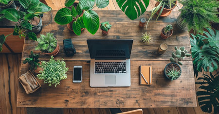 Top view of modern workplace with laptop, smartphone and houseplants on wooden tableの素材