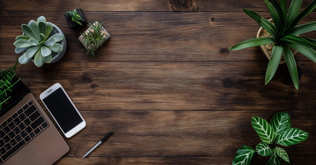 Top view of wooden office desk with laptop, smartphone and green plants.の素材