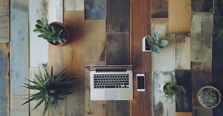 Top view of modern workspace with laptop, smartphone and plant on wooden background.の素材