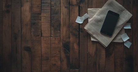 Smartphone and books on a wooden table. View from above.の素材