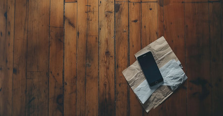 Smartphone with crumpled paper on wooden table, vintage toneの素材