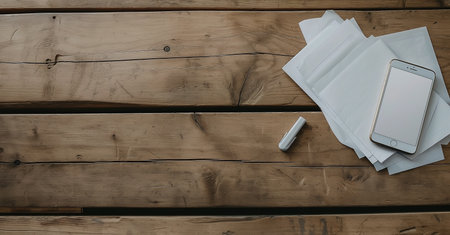 Top view of smartphone and napkins on wooden table with copy spaceの素材