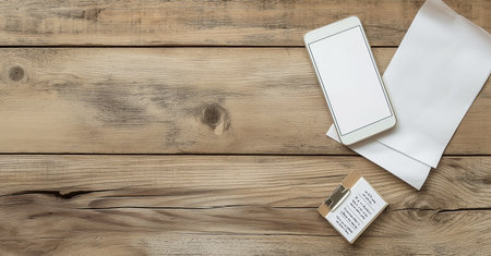 Top view of smart phone with blank screen and stationery on wooden backgroundの素材