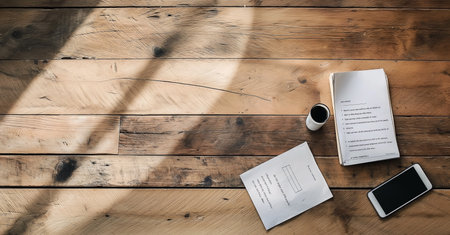 Top view of notebook, smartphone and coffee cup on wooden table.の素材