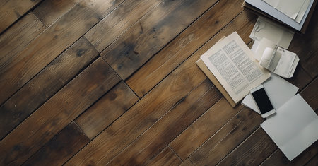 High angle view of books and stationery on wooden table with copy spaceの素材