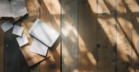 Top view of open book and tablet on wooden table with sunlight.の素材