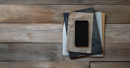 Smartphone with black screen and stack of books on wooden background.の素材