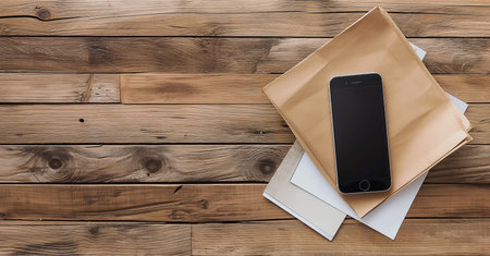 Smartphone and envelope on wooden table. Top view with copy spaceの素材