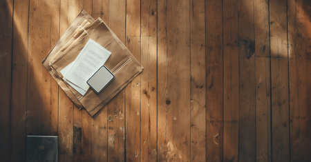 top view of brown envelope on wooden background with copy space for textの素材