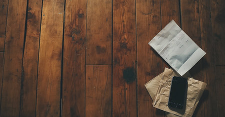 Smartphone and envelope on the wooden table. View from above.の素材