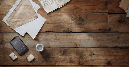 Top view of wooden office desk with coffee cup, books and mobile phoneの素材