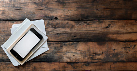 Smartphone with blank screen and stack of white paper on wooden backgroundの素材