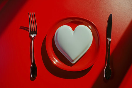 Red plate with white heart and cutlery on a red backgroundの素材