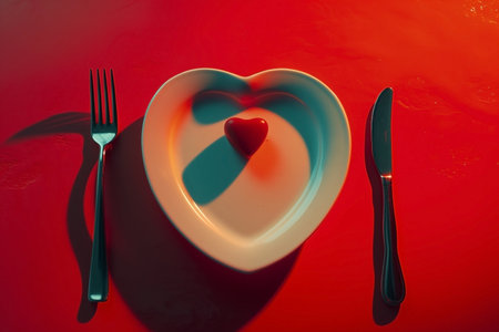 Valentine's day table setting with heart shaped dish and cutleryの素材