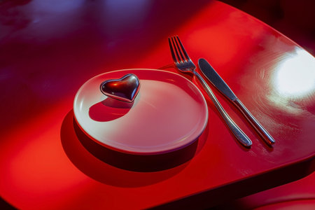 Heart shape on a plate with cutlery on a red backgroundの素材