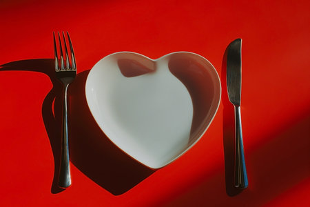 Heart shaped plate with fork and knife on red background. Valentines day concept.の素材