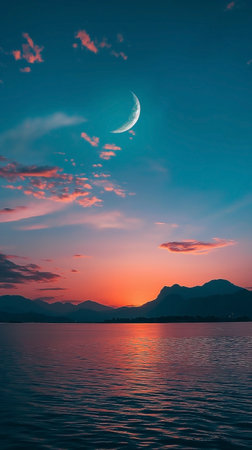 Sunset over Lake Garda in Italy with the moon in the skyの素材