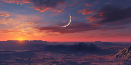 Fantasy alien planet. Mountain and sunset. 3D illustration.の素材