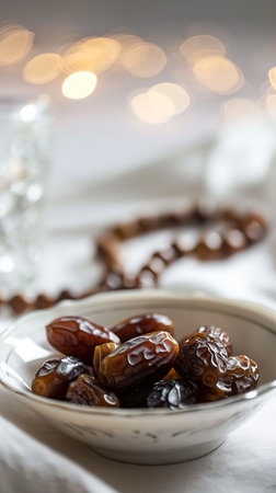 Dates fruit and rosary on the table. Ramadan Kareem concept.の素材