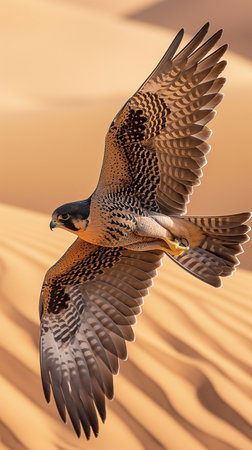 Falcon flying over sand dunes in the Sahara desert, Moroccoの素材