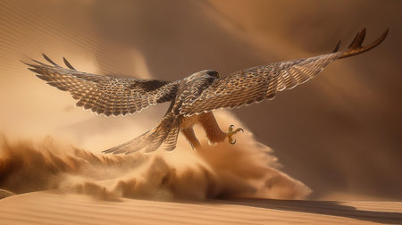 3D illustration of a Peregrine Falcon flying in the desertの素材