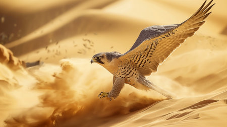 Kestrel in flight in the desert. 3d illustration.の素材