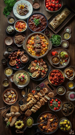 Traditional Turkish foods and appetizers on wooden table. Top view.の素材