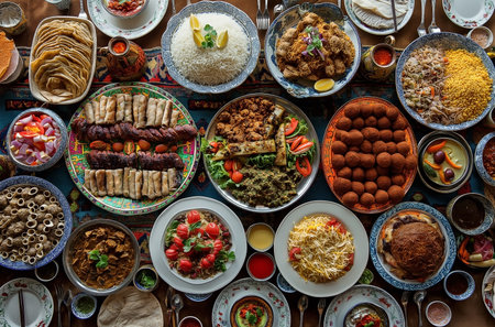 Top view of traditional indonesian food on wooden table. Traditional indonesian cuisine.の素材