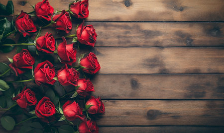 Red roses on wooden background with copy space. Valentines day backgroundの素材