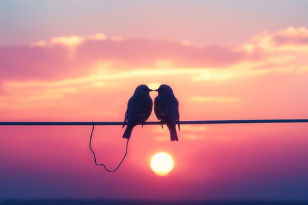 Couple of birds sitting on a wire with sunset in the backgroundの素材