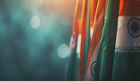 Indian flags in the wind on a dark background. Bokeh effectの素材