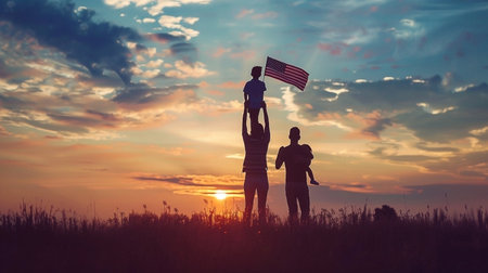 Silhouette of happy family with american flag on sunset backgroundの素材