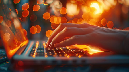 Close up of female hands typing on laptop keyboard with bokeh backgroundの素材