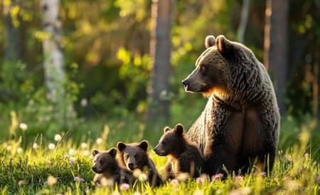 She-Bear and cubs in the summer forest. Natural scene.の素材