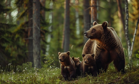 Family of brown bear with cubs in the summer forest. Natural scene. Scientific name: Ursus arctos.の素材