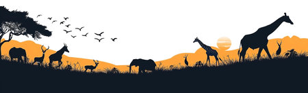 Silhouette of African savanna with wild animals. Vector illustration.の素材
