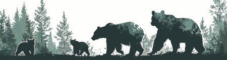 This captivating vector illustration showcases the serene beauty of nature with a silhouette of a bear family walking through a dense forest. The background is adorned with tall, majestic pine trees, enveloped in a mystical fog that adds depth and a sense of calm to the scene. The silhouette of the bears, comprising an adult and two cubs, moving in unison, symbolizes unity and the wild spirit of the wilderness. This image is perfect for projects related to wildlife, nature, environmental conservation, and outdoor adventures. Its tranquil and somewhat mysterious ambiance makes it suitable for a variety of creative uses, from website banners to editorial content. The high-quality vector format ensures crisp and clear visuals, making it an ideal choice for both digital and print media.の素材