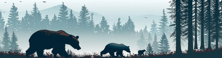This captivating vector illustration showcases the serene beauty of nature with a silhouette of a bear family walking through a dense forest. The background is adorned with tall, majestic pine trees, enveloped in a mystical fog that adds depth and a sense of calm to the scene. The silhouette of the bears, comprising an adult and two cubs, moving in unison, symbolizes unity and the wild spirit of the wilderness. This image is perfect for projects related to wildlife, nature, environmental conservation, and outdoor adventures. Its tranquil and somewhat mysterious ambiance makes it suitable for a variety of creative uses, from website banners to editorial content. The high-quality vector format ensures crisp and clear visuals, making it an ideal choice for both digital and print media.の素材