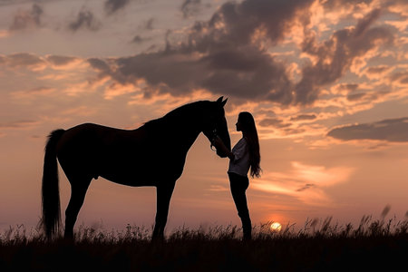 This captivating image captures a silhouette of an attractive woman standing next to her horse at sunset, touching its nose with both hands. A young girl is seen petting and posing with the dark brown majestic steed, highlighting the serene and intimate connection between them. The warm, golden hour lighting creates a stunning backdrop, emphasizing the bond and trust shared by the woman and her horse. This close-up portrait also features the woman holding her hand near her mouth, adding an element of contemplation and emotion. Ideal for editorial content, social media, and marketing materials, this image conveys themes of companionship, nature, and tranquility.の素材