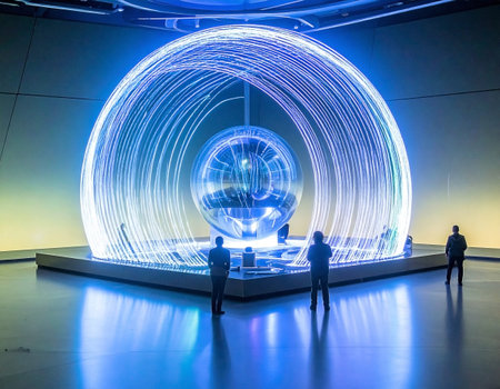 A captivating display featuring a large, glowing sphere encased within concentric light rings, creating a futuristic and ethereal ambiance. Several visitors are observing the exhibit in a spacious, modern museum setting, with reflections on the polished floor enhancing the visual spectacle.の素材