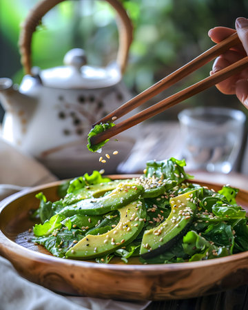 A vibrant and appetizing avocado salad is beautifully presented on a wooden plate, sprinkled with sesame seeds, and lifted with chopsticks. The refreshing combination of fresh greens and creamy avocado showcases healthy eating and culinary artistry.の素材