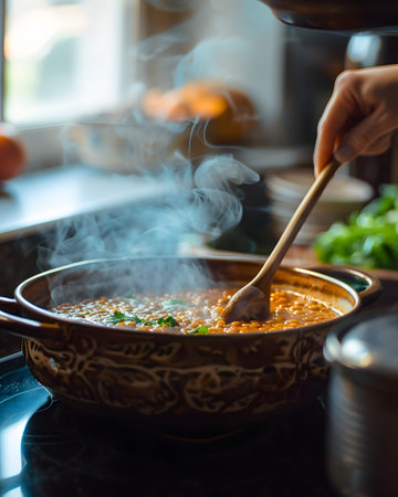 A captivating view inside a kitchen reveals a moment of culinary artistry. A gentle hand delicately stirs a pot, releasing a swirl of fragrant steam into the air. The scene suggests a moment of homey warmth and culinary passion, creating a sense of comfort.の素材