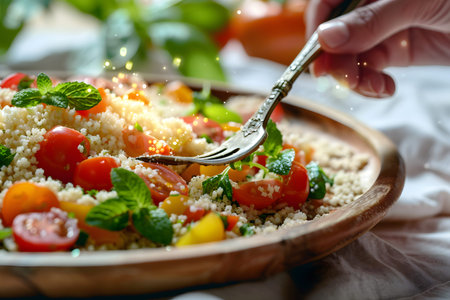 A vibrant couscous salad presented in a rustic wooden bowl, featuring ripe tomatoes, fresh mint, and a light seasoning. A fork touches the dish, inviting the viewer to a healthy and tasty Mediterranean culinary experience.の素材