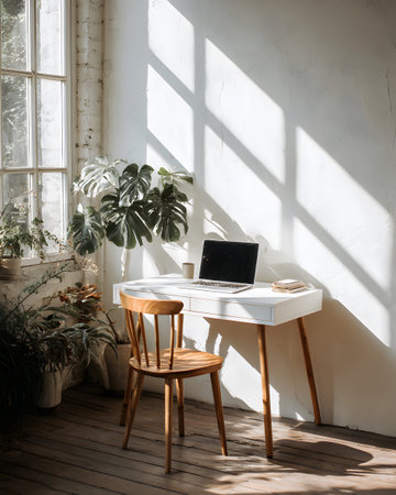A bright and inviting workspace featuring a laptop on a white desk, surrounded by lush green plants. Sunlight streams through a large window, casting shadows on the wall and creating a calm and aesthetic atmosphere for creative work.の素材