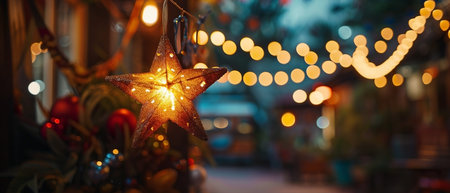 A warmly lit, golden star decoration hangs amidst a backdrop of soft, glowing bokeh lights, embodying the spirit of festive celebrations and creating a magical, holiday ambiance. The image radiates with elegance and joyful anticipation.の素材